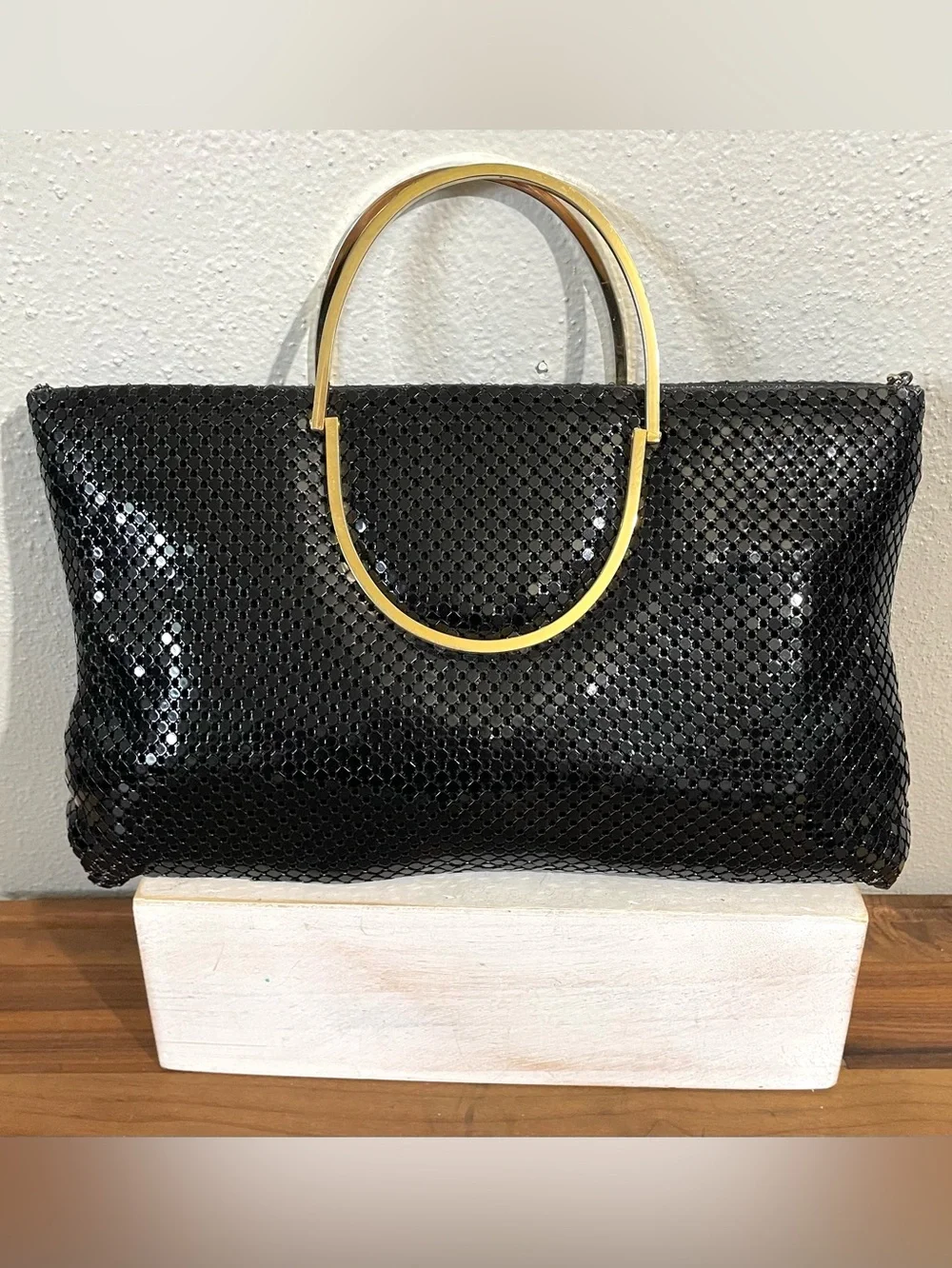 Black Metal Mesh Tote Handbag Gold Tone Oval Handles Y2K Glam Evening Purse Luxe
